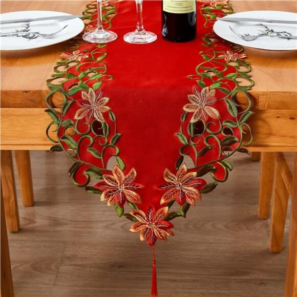 Christmas embroidered table runner red poinsettia green leaves holiday decor 69 - Picture 1 of 8